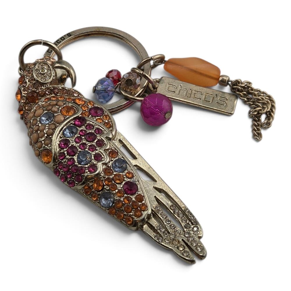 Chico's Parrot Key Ring Rhinestone Bird Beaded Charm Keychain Signed